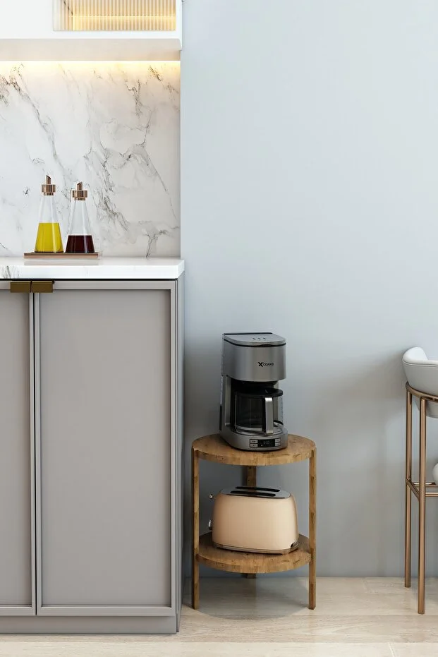 Miray Atlantik Çam 2 Katlı Yuvarlak Ahşap Çok Amaçlı Sehpa / Saksılık-Çiçeklik / Dekoratif Raf